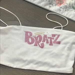 White Bratz Crop Top with Pink Glitter Logo - great for costume